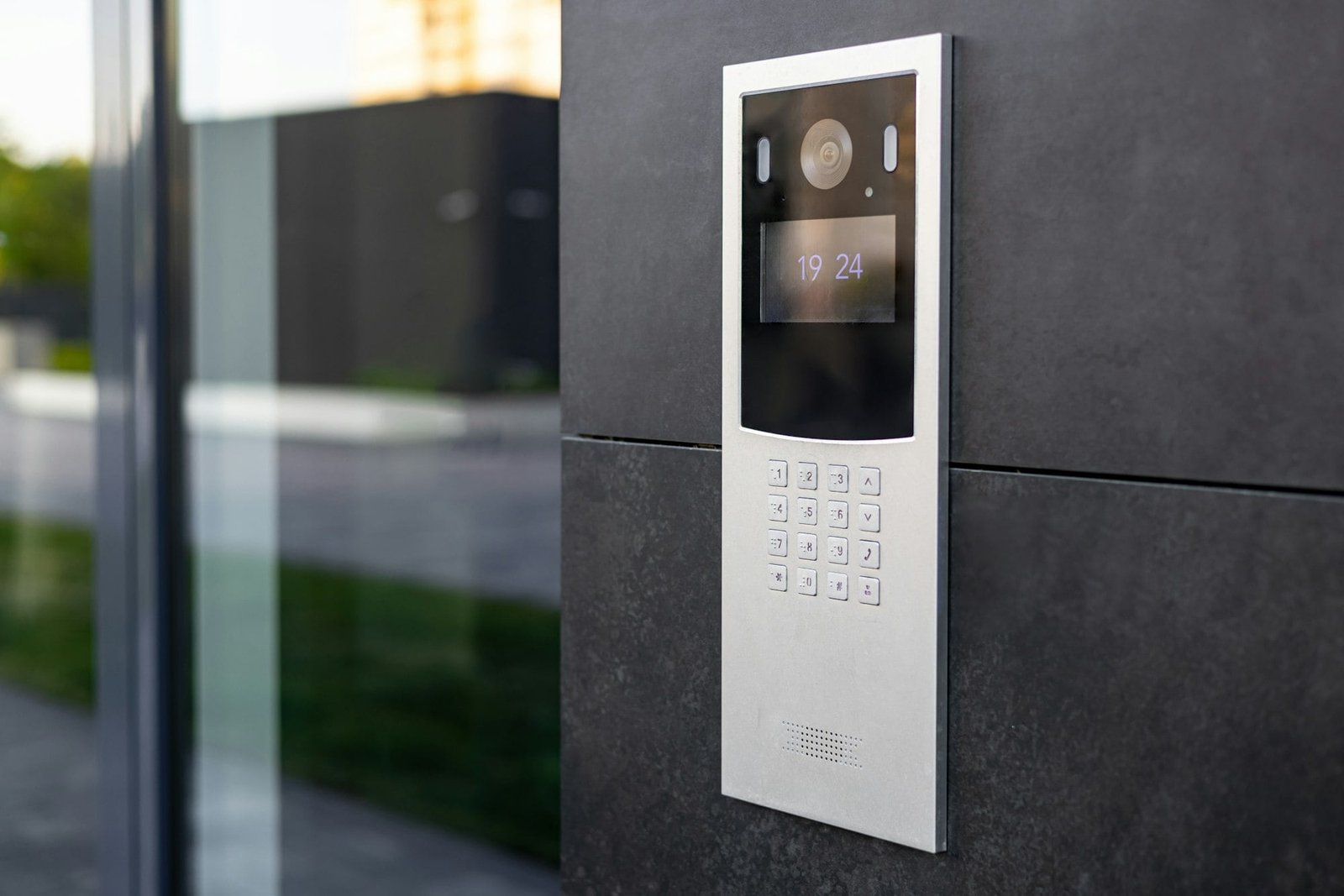 Entrance doorbell in a multi-apartment building, with a video surveillance camera, on a dark wall
